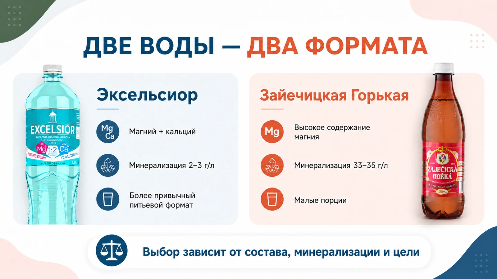 Сравнение Зайечицкой Горькой и Эксельсиора по содержанию магния и формату приёма