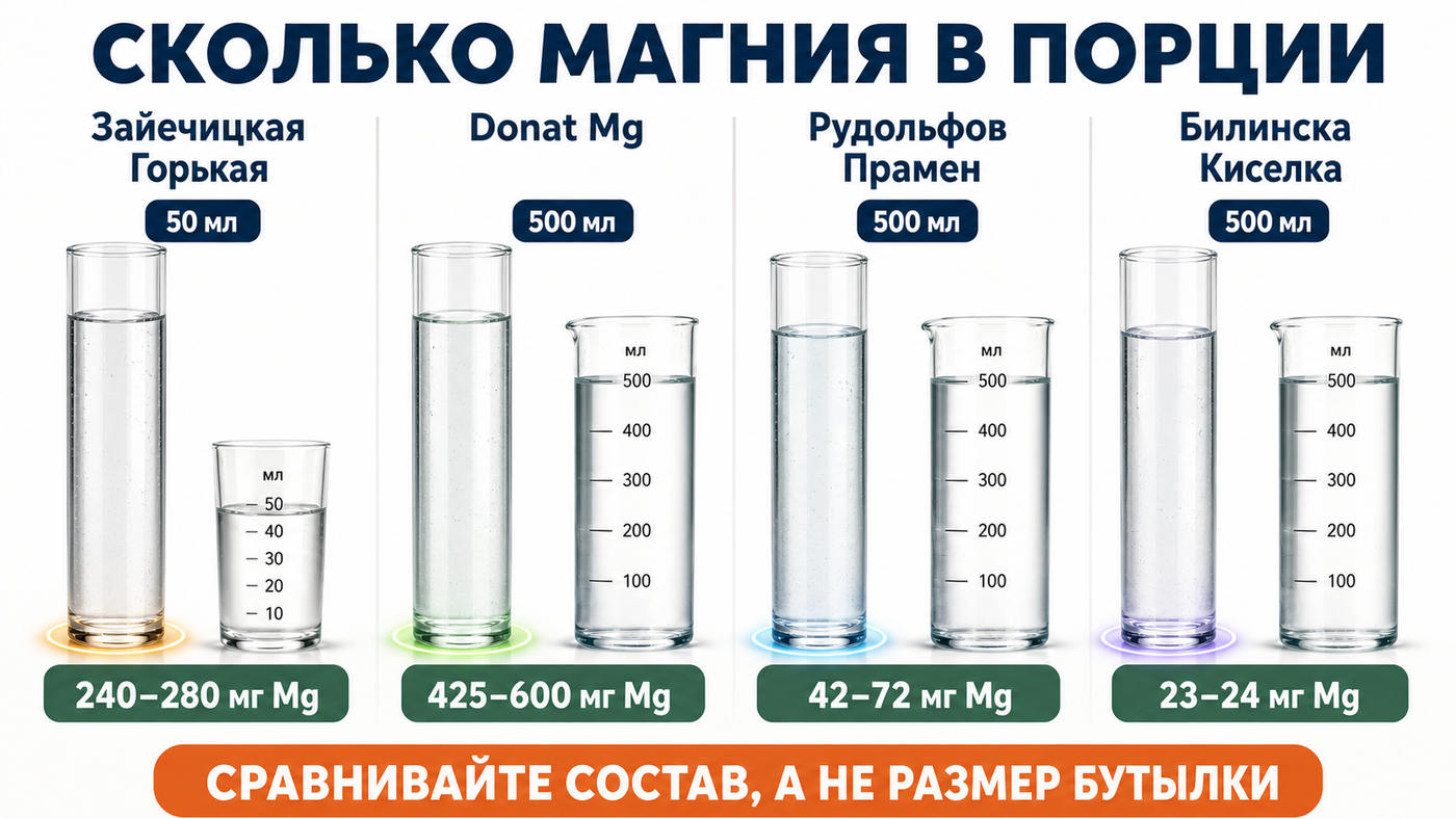 Содержание магния в порции Зайечицкой Горькой, Donat Mg, Рудольфова Прамена и Билинской Киселки