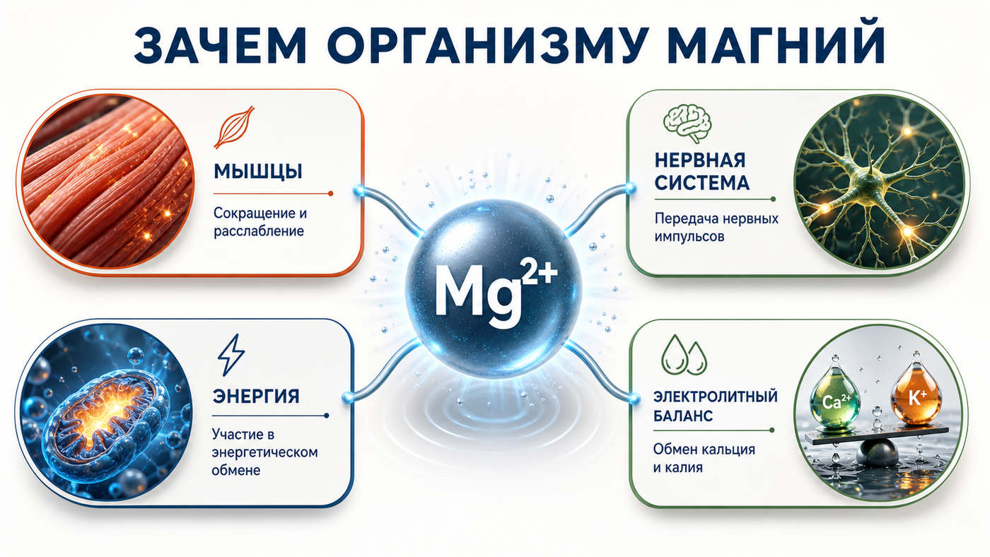 Для чего организму нужен магний: мышцы, нервная система, энергия и электролитный баланс