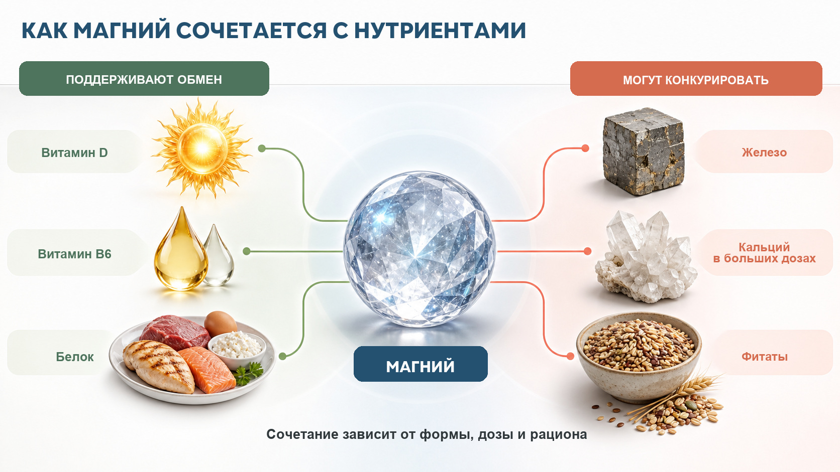 Совместимость магния с витамином D, B6, кальцием и железом