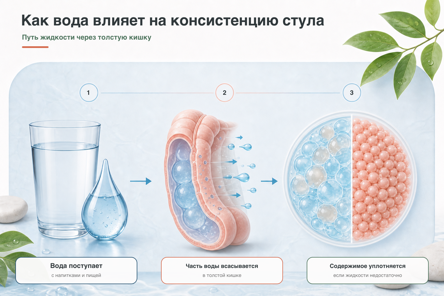 Схема влияния недостатка воды на консистенцию стула при запоре